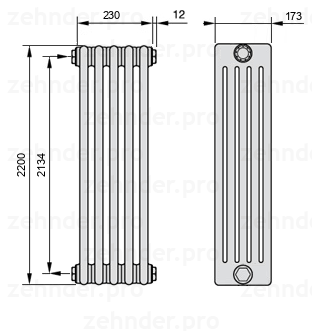 Схема (чертеж) Радиатор Zehnder Charleston 5220/5 №1270 Белый глянцевый RAL 9016
